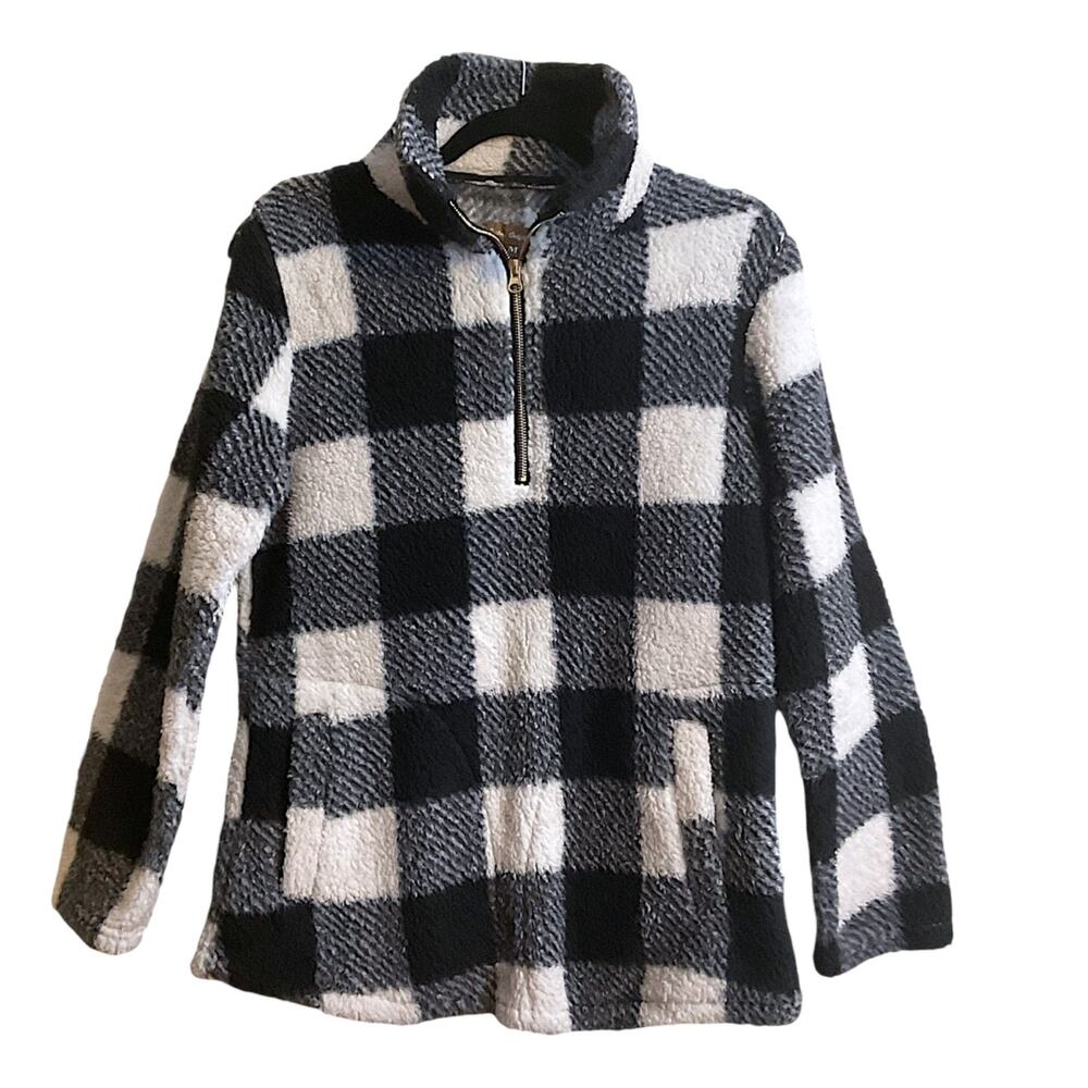 Victory Outfitters 1/4 Zip Black White Buffalo Plaid Fleece Pullover Top Size‎ M